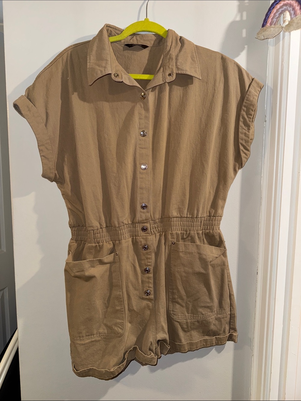 Casual Button-Front Utility Romper in Tan- XL